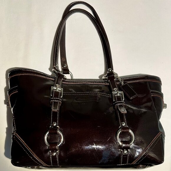 COACH East West Gallery Tote Patent Leather Brown Silver 10380 Clip Closure Tag - Picture 5 of 16